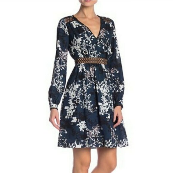 Sam Edelman V-Neck Knit Trim Print Dress NWOT - Picture 1 of 14